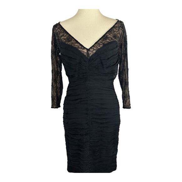 Tadashi Off Shoulder Silk Black Long Sleeve Cocktail Midi Dress Sz 10 Illusion - Picture 3 of 11